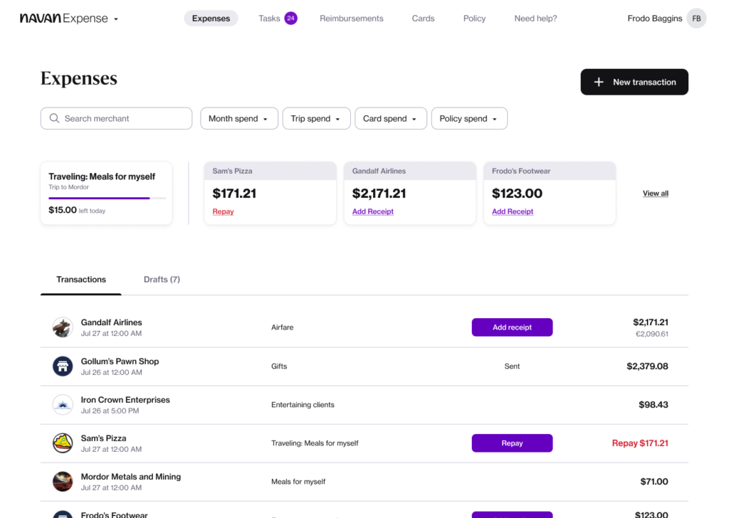 Navan Expense dashboard showing expense tracking, including spend categories and recent transactions.