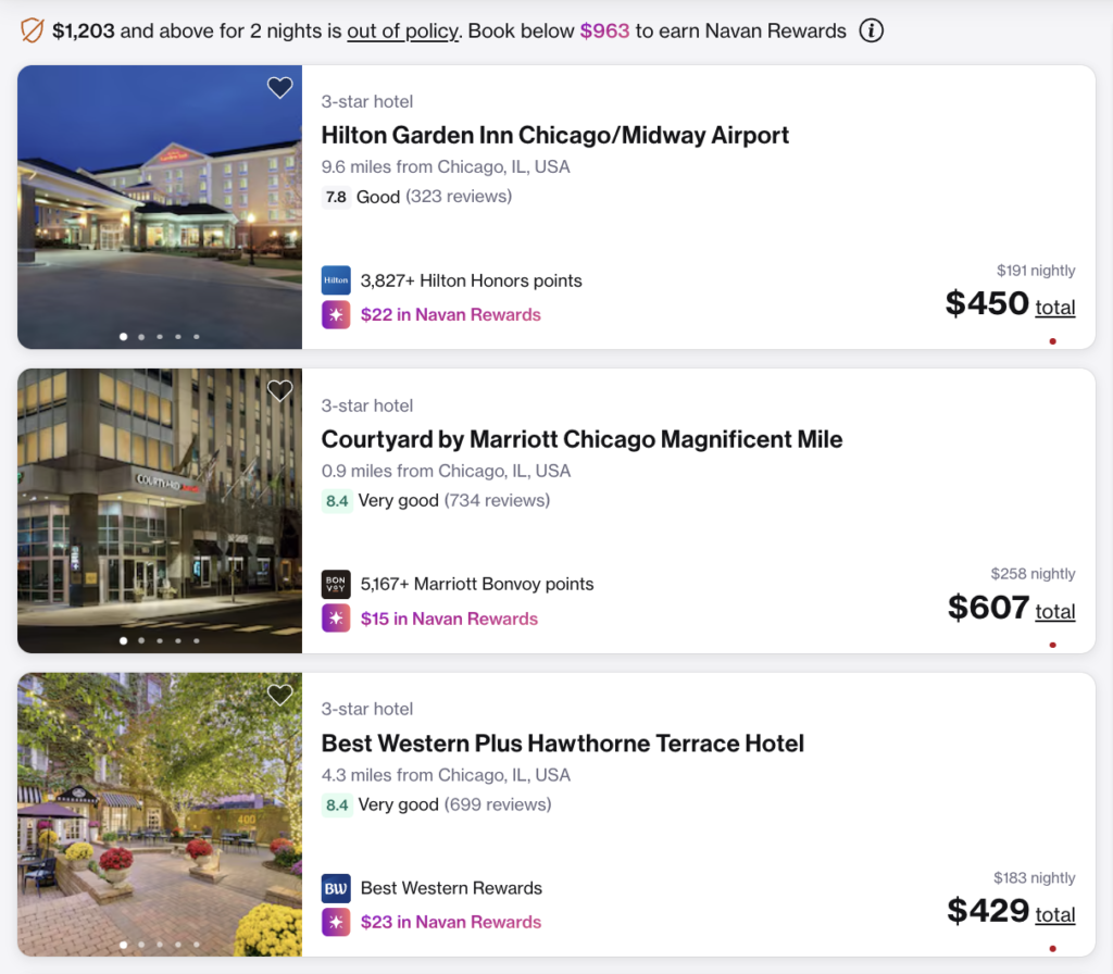 Navan guide: Hotel options in Chicago, including Hilton Garden Inn and Courtyard by Marriott.