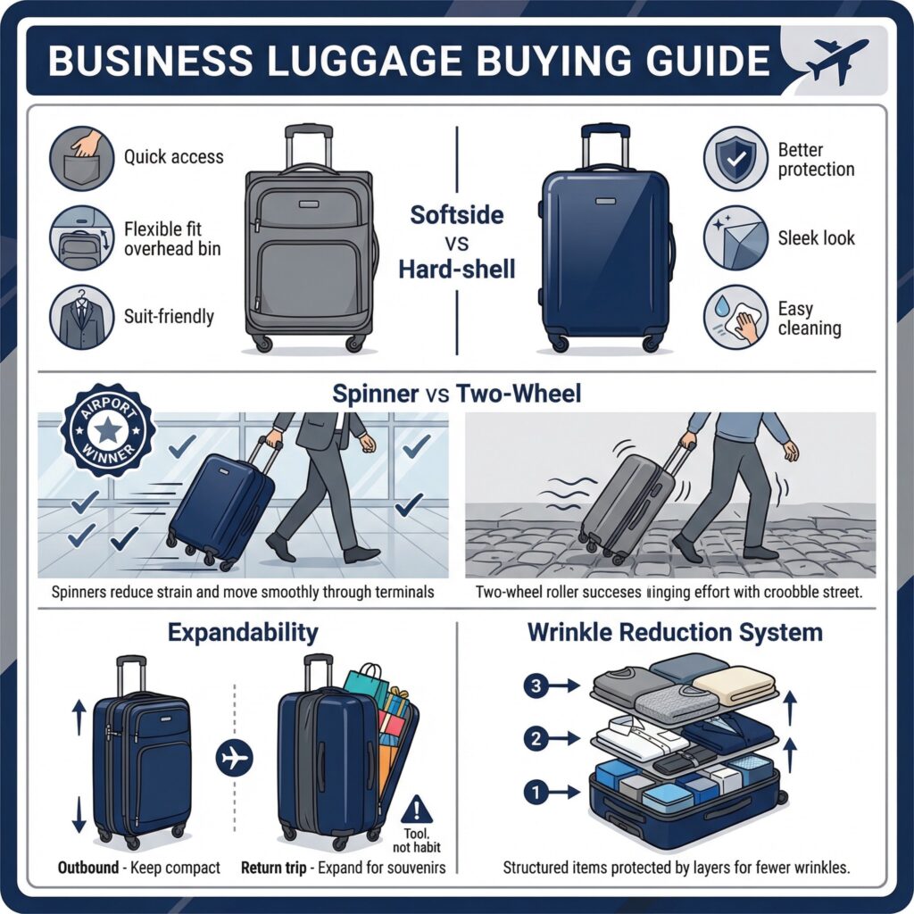 Business luggage buying guide: softside vs hardshell, spinner vs two-wheel, expandability, wrinkle reduction system.