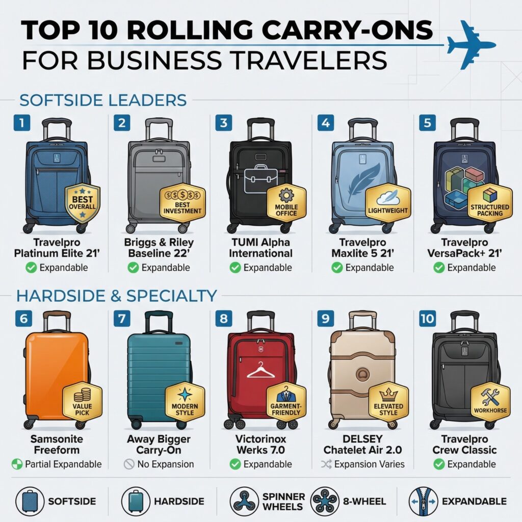 Top 10 rolling carry-ons for business travelers: softside and hardside luggage comparison.