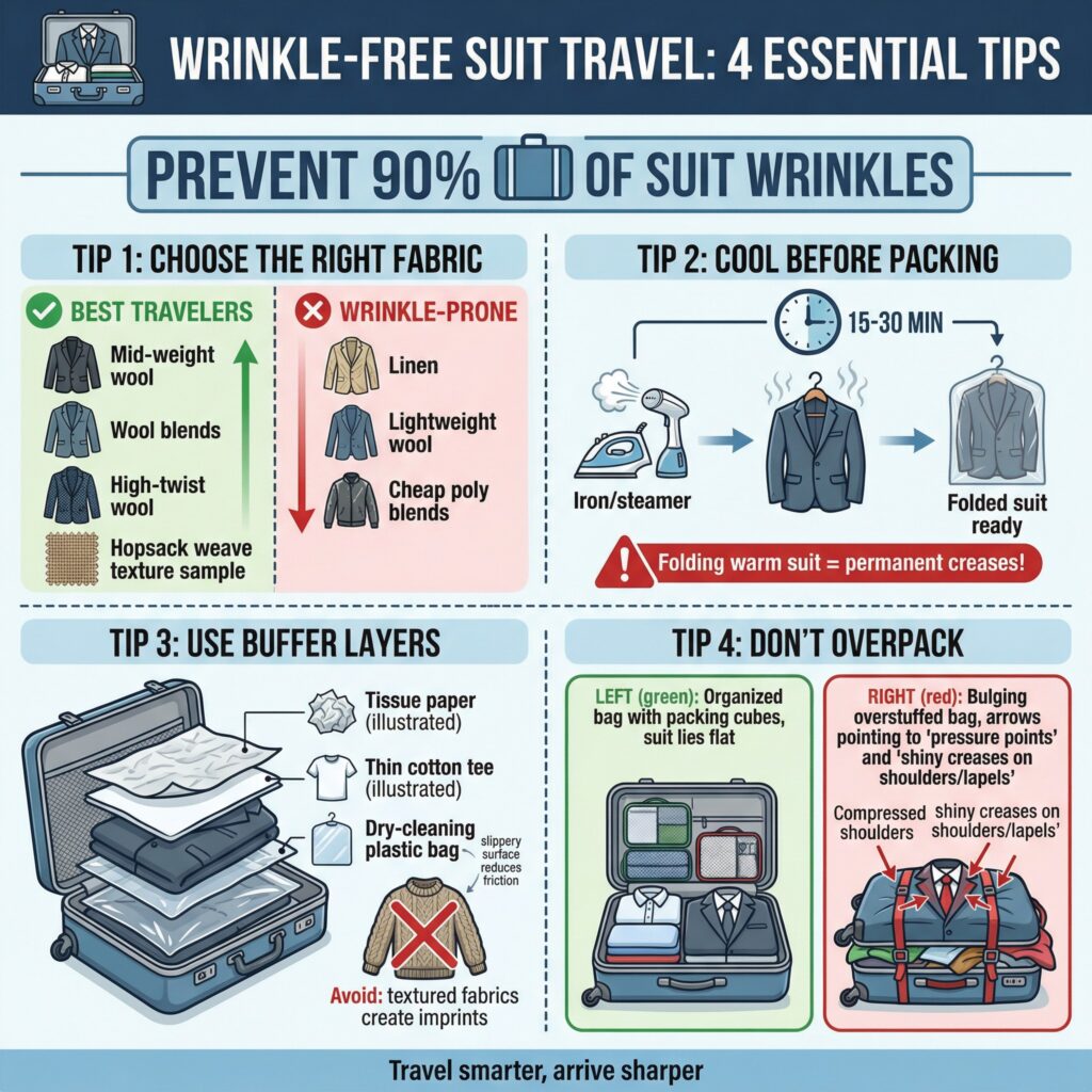 Wrinkle-free suit travel tips: choosing the right fabric, cooling, buffer layers, and don't overpack.