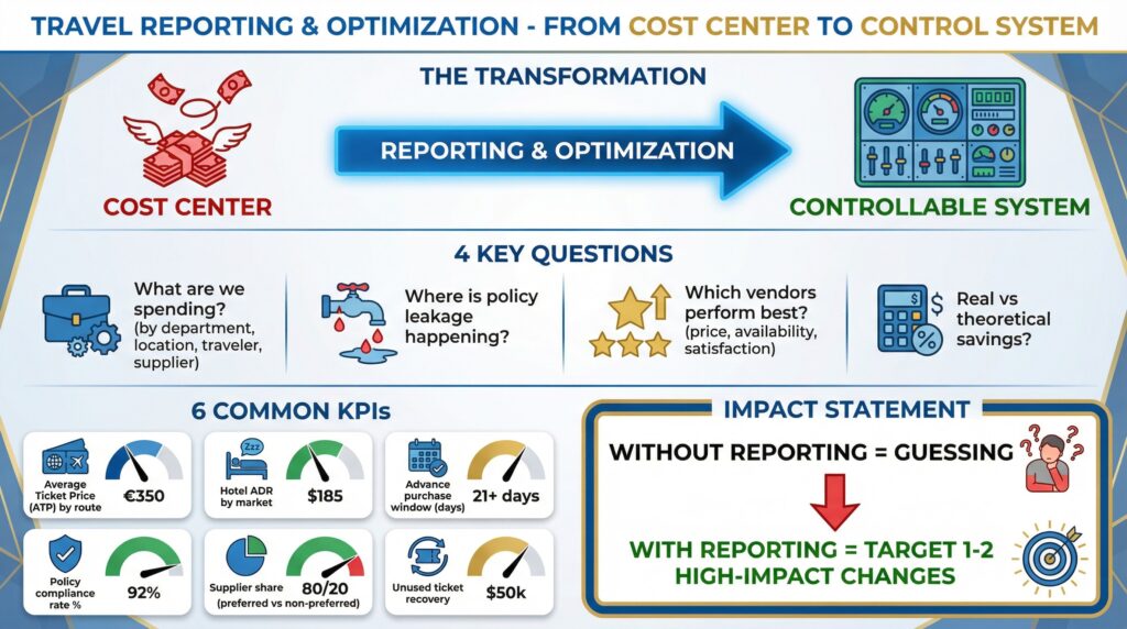 Travel reporting optimization: cost center to control system transformation. Key questions & common KPIs. Without reporting = guessing.