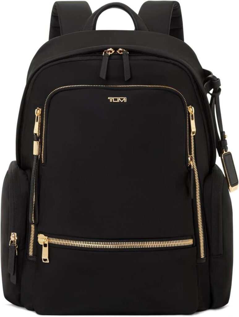 Black Tumi Voyageur backpack with gold zippers. Tumi Voyageur Review.