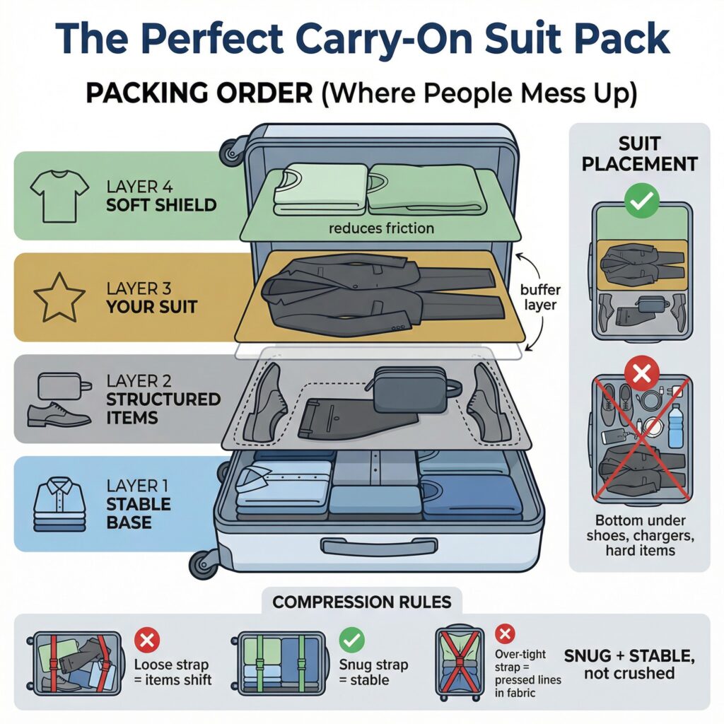 Carry-on suit packing guide showing packing order: stable base, structured items, suit, soft shield. Correct suit placement and compression rules.