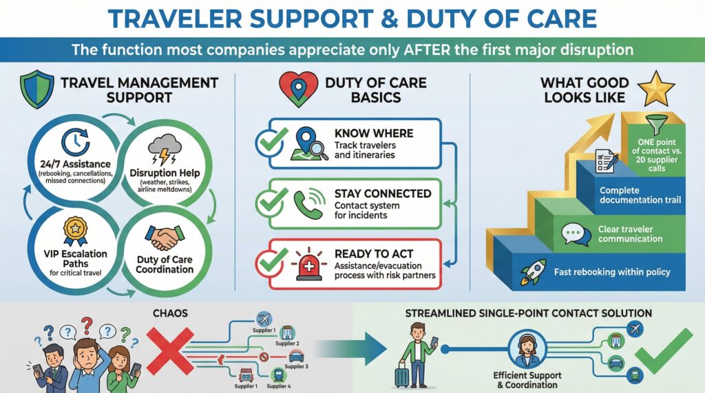 Traveler support and duty of care infographic: 24/7 assistance, disruption help, knowing where travelers are, and streamlined coordination.