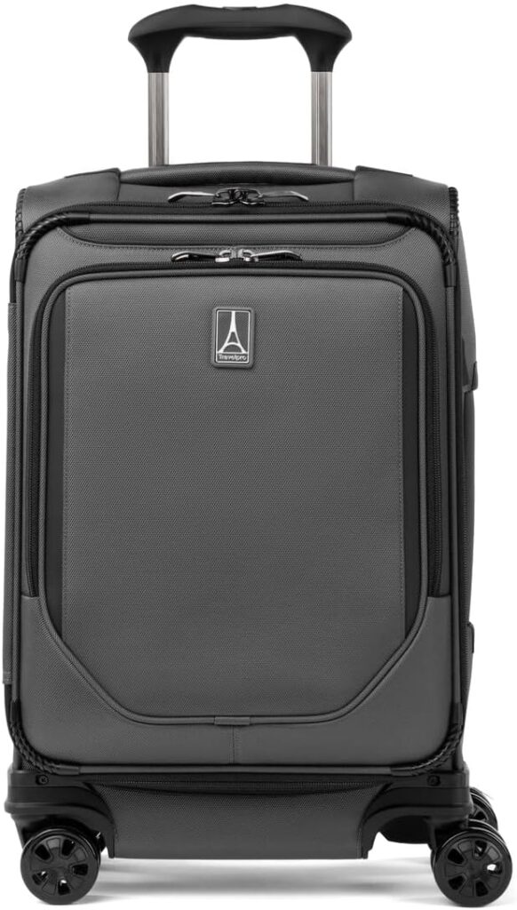Gray Travelpro rolling carry-on suitcase with telescoping handle, ideal for business class travel.