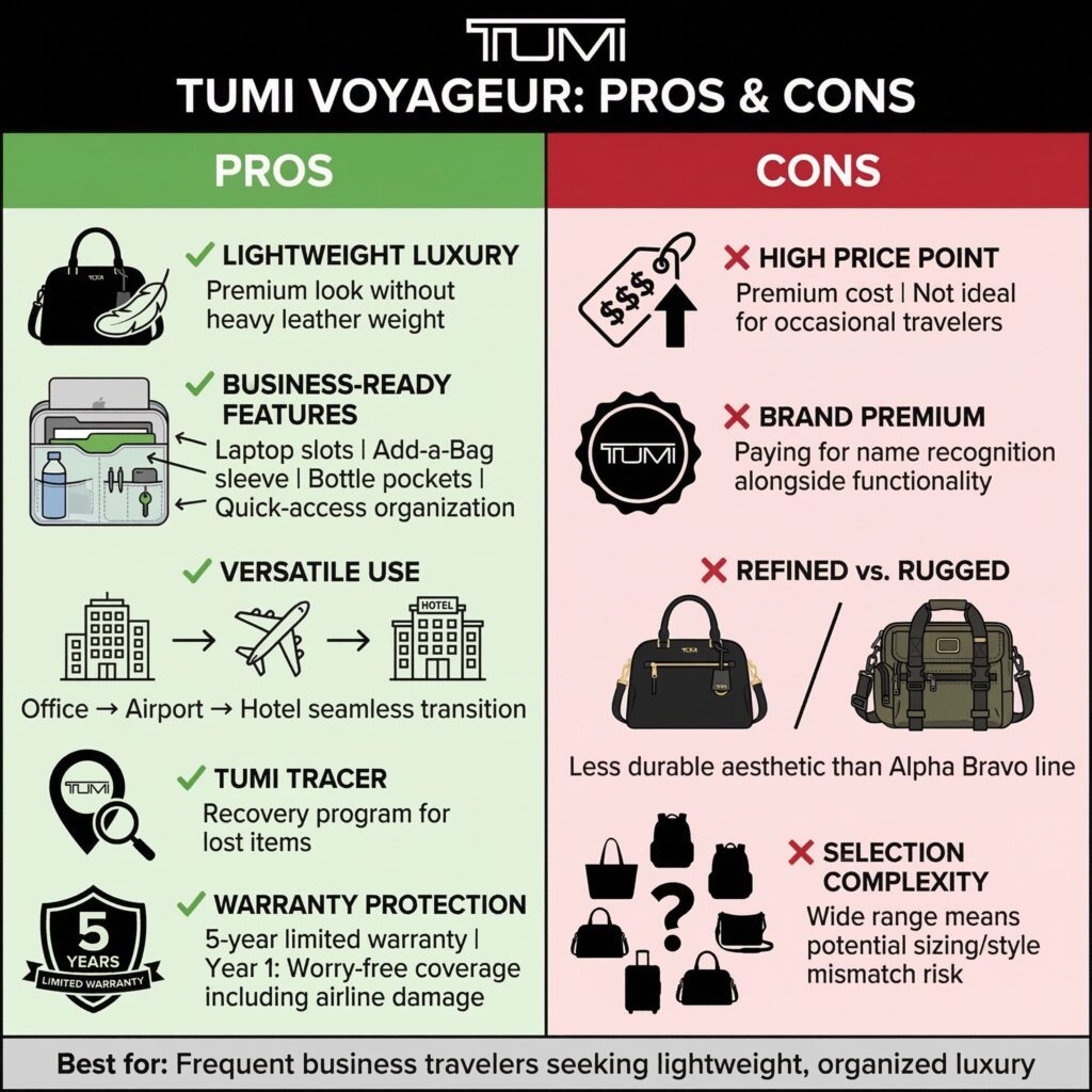 Tumi Voyageur Review: Pros and cons of the lightweight luxury bag for business travel.