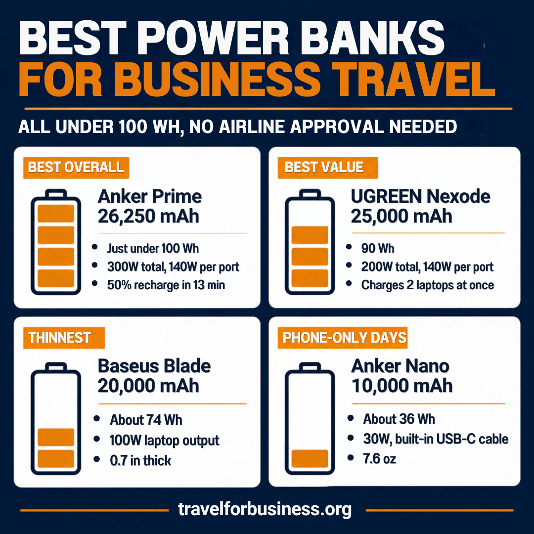 Best power bank for business travel comparison: Anker Prime, UGREEN Nexode, Baseus Blade and Anker Nano, all under 100 Wh
