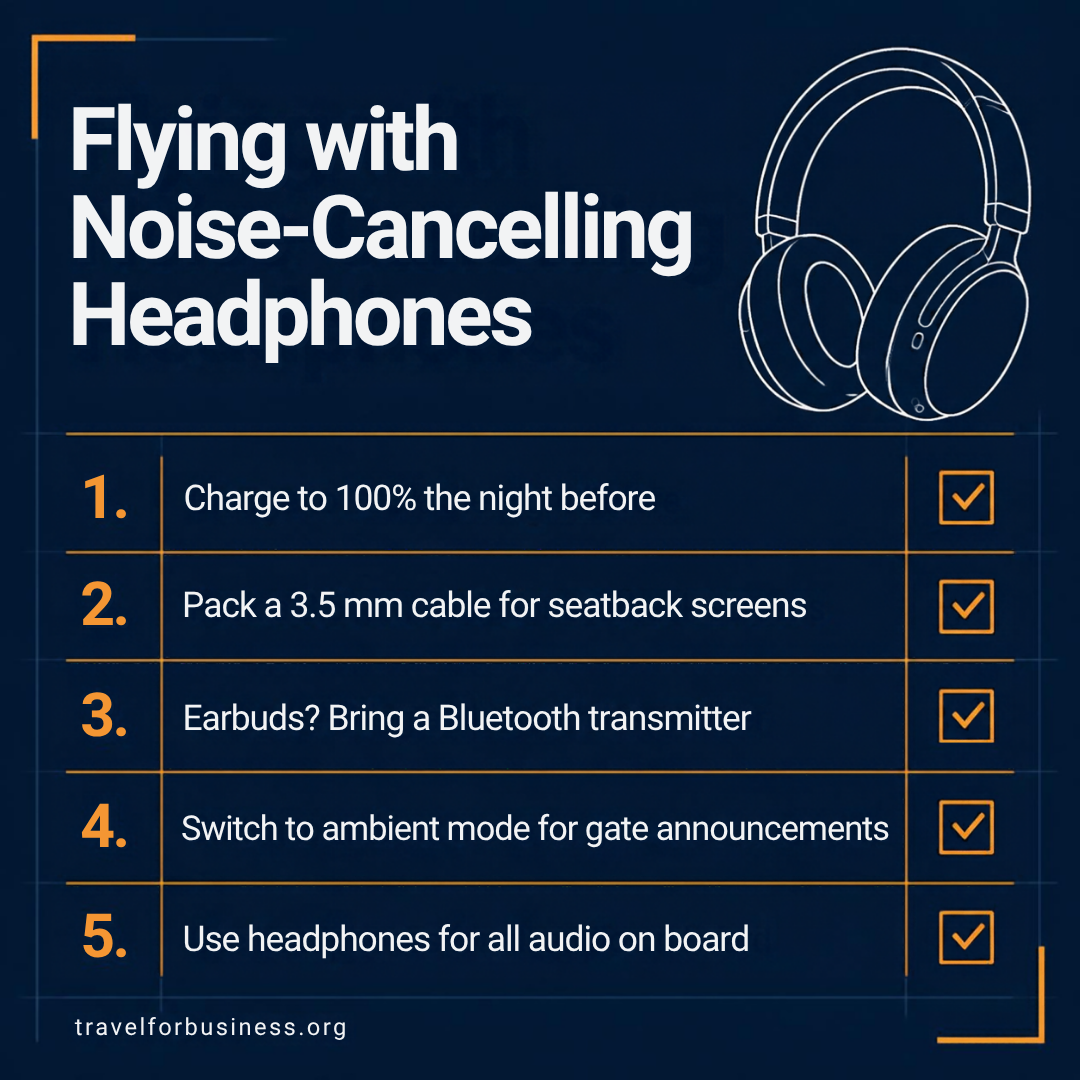Checklist for flying with noise cancelling headphones for business travel: charge fully, pack a 3.5 mm cable, bring a Bluetooth transmitter for earbuds, use ambient mode at the gate