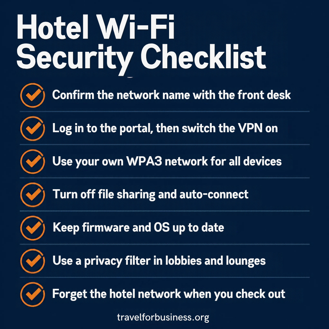 Hotel Wi-Fi security checklist for business travelers using a travel router for business travel
