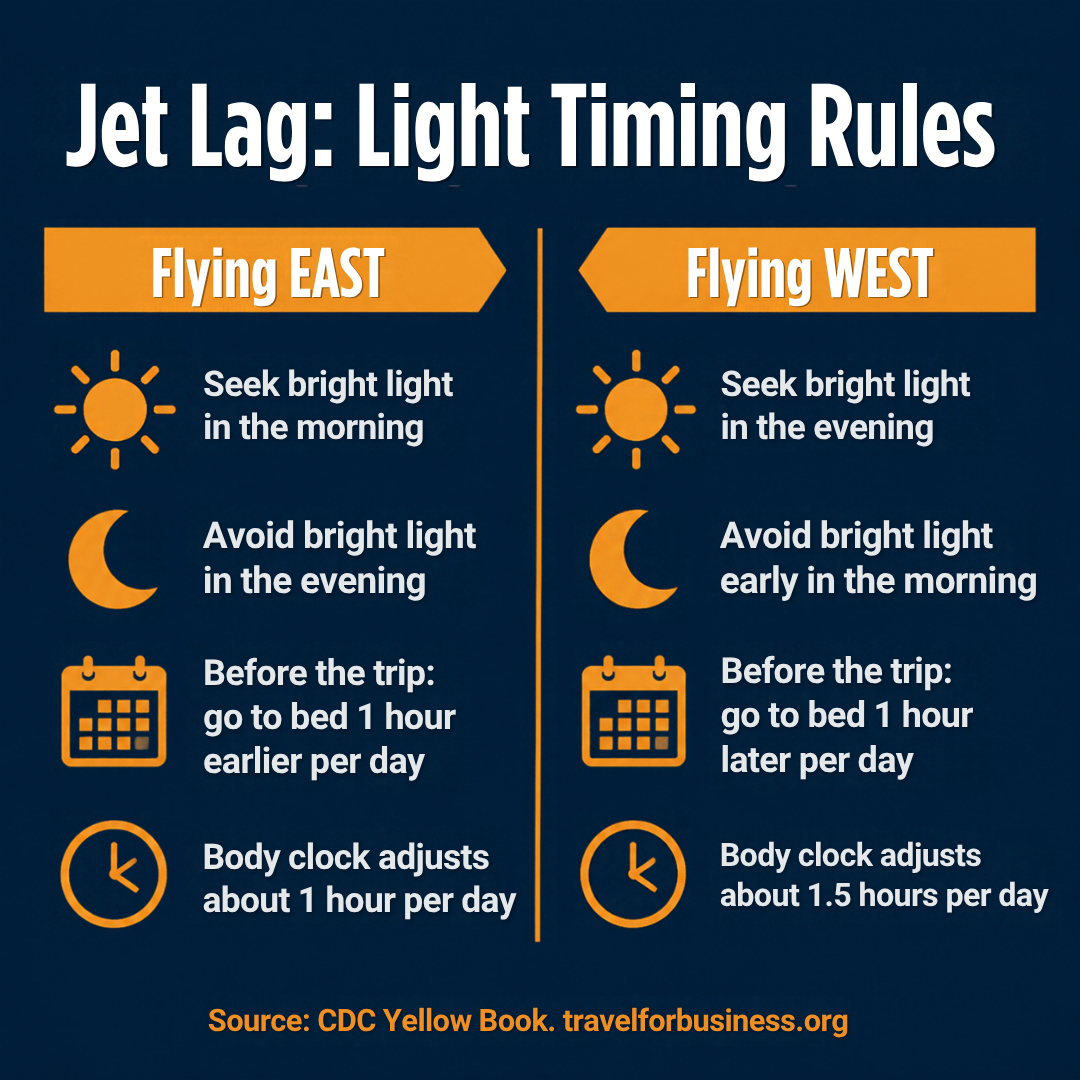 How to beat jet lag business travel: light timing rules for flying east and flying west