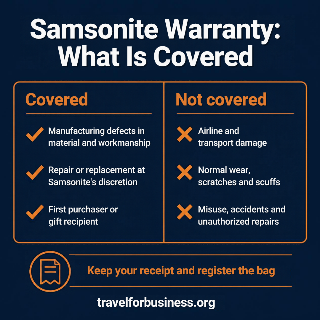 Samsonite review: what the Samsonite limited 10-year warranty covers and what it does not cover, including airline damage
