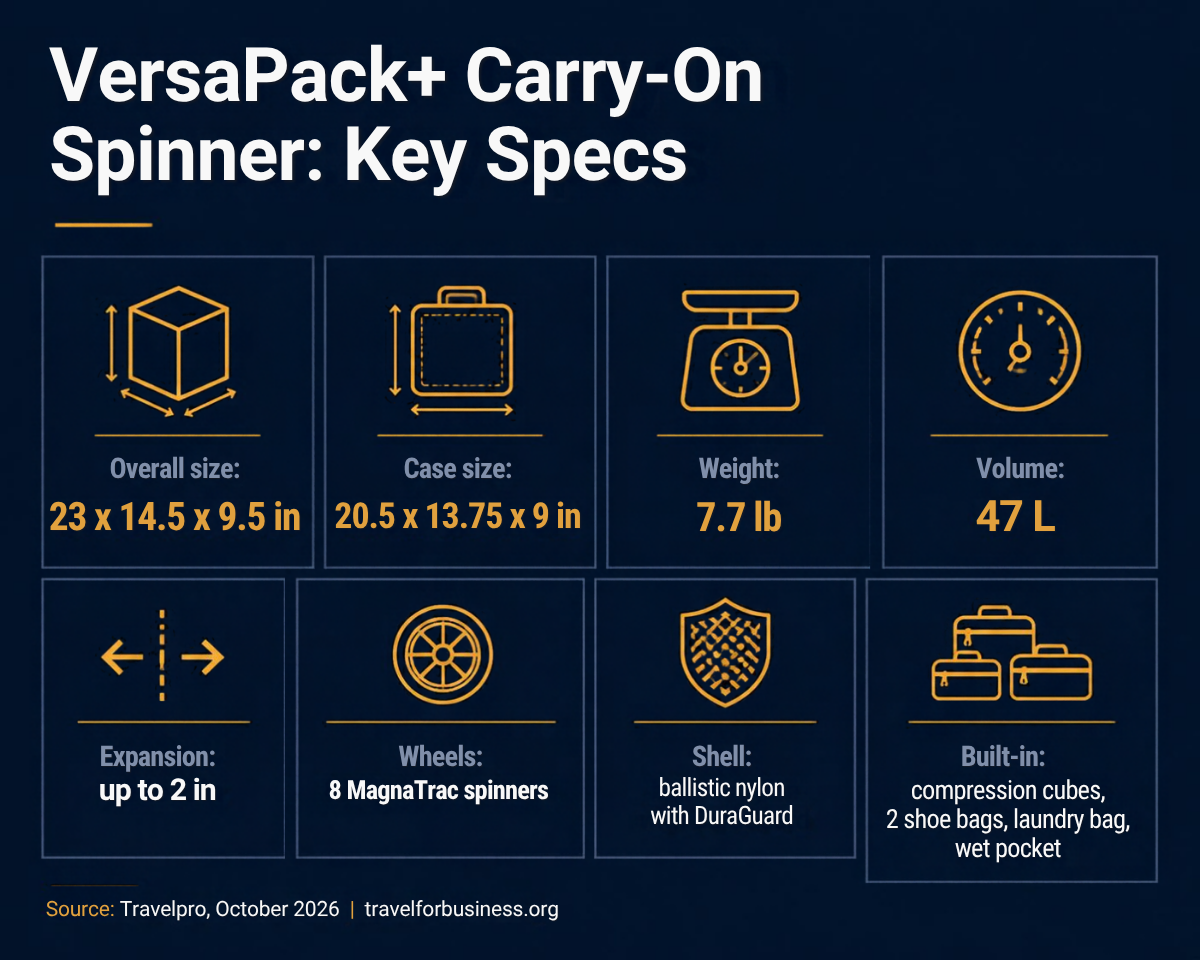 Key specs of the Travelpro VersaPack+ Carry-On Spinner: 23 x 14.5 x 9.5 in, 7.7 lb, 47 L, 2 in expansion